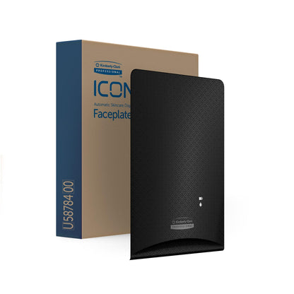 Behind a box labeled "Kimberly-Clark Professional™ Icon™ Dispenser Faceplate - eSkinCare" is a textured black faceplate (20.32 x 27.30 x 3.81 cm) from Kimberly-Clark GmbH with blue and beige packaging, ideal for washroom accessories.