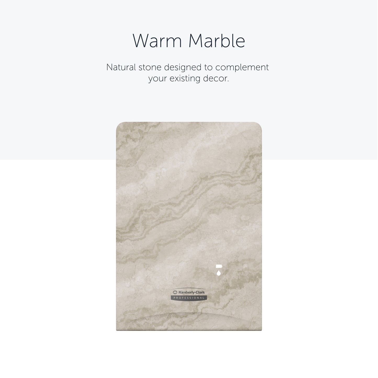 A sample of the Kimberly-Clark Professional™ Icon™ Dispenser Faceplate - eSkinCare (20.32 x 27.30 x 3.81 cm) from Kimberly-Clark GmbH with a warm beige and light brown marble pattern is centered on a plain background to enhance the washroom.