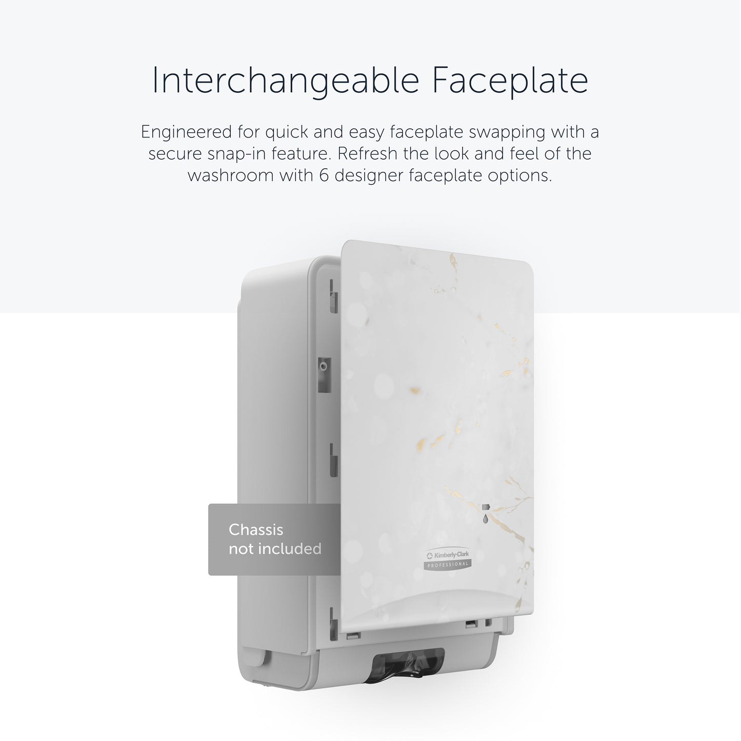 The Kimberly-Clark Professional™ Icon™ Dispenser Faceplate - eSkinCare (20.32 x 27.30 x 3.81 cm) from Kimberly-Clark GmbH features a marble pattern and easy switching between six design options, enhancing your washroom accessories. Chassis not included.
