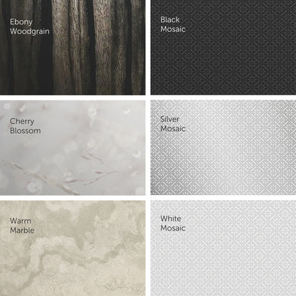 A collage of six tiles - ebony wood grain, black mosaic, cherry blossom, silver mosaic, warm marble, and white mosaic - highlights the stylish options for the Kimberly-Clark Professional™ Icon™ dispenser faceplate from Kimberly-Clark GmbH.