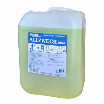 A 10L transparent container of Abena Re-Seller GmbH GastroPower All-Purpose Cleaner, colorless and odorless, with a built-in handle. The German label shows "ALL-PURPOSE plus" and application instructions - ideal for cleaning needs in the gastronomy sector.