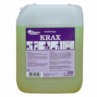 A transparent 10-liter container labeled "GastroPower Krax" from Abena Re-Seller GmbH, with a purple label containing instructions and safety symbols. The yellow-green liquid is ideal as a grease remover and cleaning agent for professional kitchens.