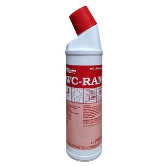 White plastic bottle of Abena Re-Seller GmbH GastroPower WC-RAN, 750 ml (15*1), with a red angled cap and a white application label with natural enzymes for effective cleaning. Available as a carton (15 packs).