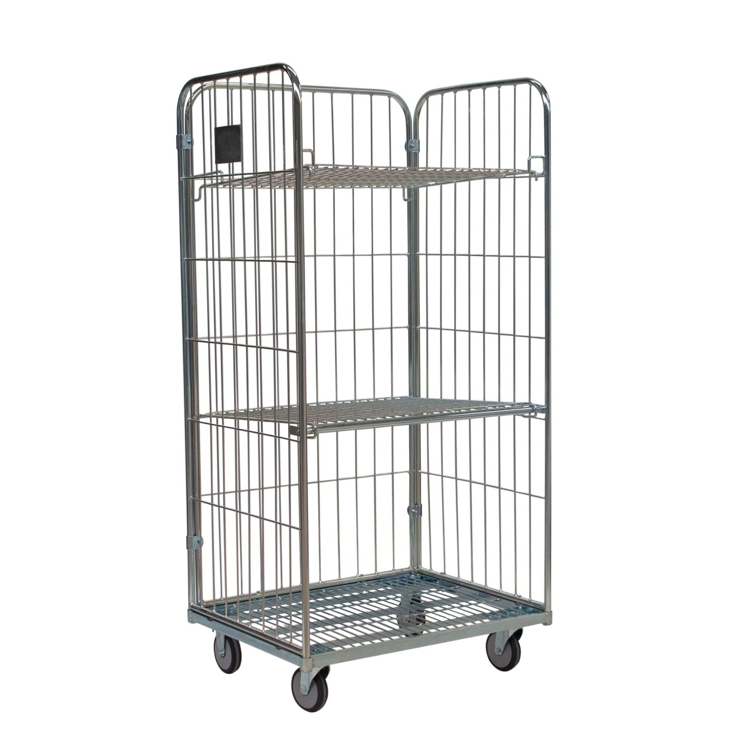 The Novocal grid transport trolley made of electrogalvanized precision steel (silver-colored) with three wire shelves, vertical wire sides, and four wheels is shown empty. Packaging: 1 piece. Ideal for storage or transport of grid boxes.