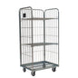 The Novocal grid transport trolley made of electrogalvanized precision steel (silver-colored) with three wire shelves, vertical wire sides, and four wheels is shown empty. Packaging: 1 piece. Ideal for storage or transport of grid boxes.