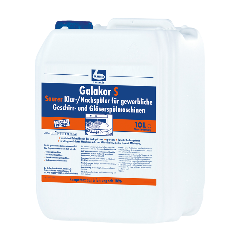 10-liter canister made of white plastic with Dr. Becher Galakor S clear/rinse aid for commercial dishwashers and glass washers of Dr. Becher GmbH, with blue and orange label graphics and a handle on the top.