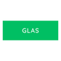 The Novocal Colored Recycling Sticker small (1 piece) shows a green rectangle with "GLAS" in white capital letters in the center, ideal for waste separation. The area outside the rectangle has a white background.