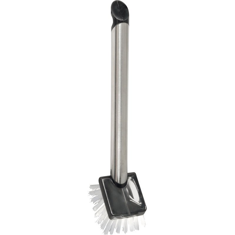 The Haug Bürsten KG SPÜLBÜRSTE VIERECKIG features a sleek stainless steel body, a black plastic head, and a handle cap, as well as white-transparent PBT bristles (Ø0.35mm, medium) arranged in a square pattern.