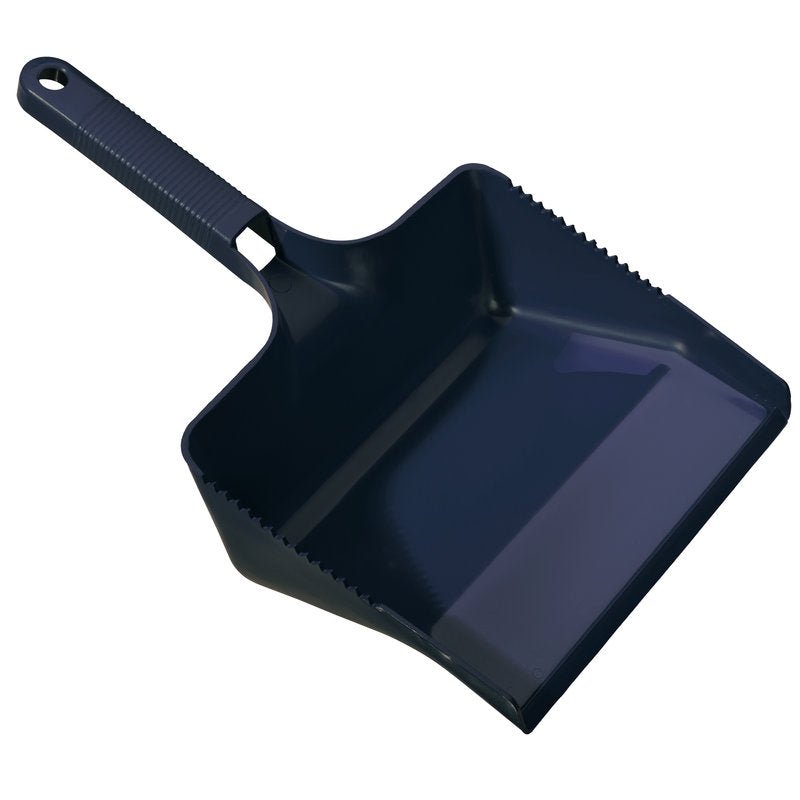 The METDEC DUSTPAN from Haug Bürsten KG is a square dustpan without a lip in blue (350x222x110 mm), made of durable plastic and features a textured, grooved handle.