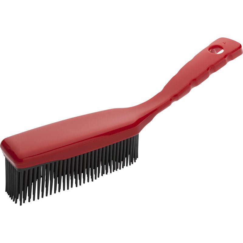 The Haug Bürsten KG rubber knob hand brush red (1 piece) has a long red plastic handle with a hanging hole and black bristles, ideal for cleaning smooth surfaces. Pictured on a white background.