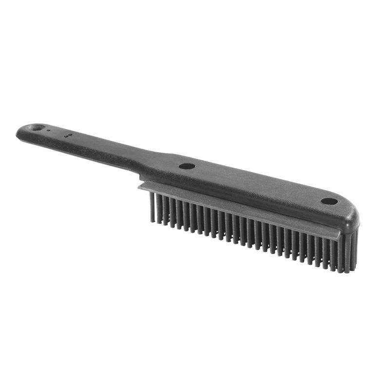 Shown is a RUBBER NUB HAND BRUSH from Haug Bürsten KG made of soft rubber (255x48x35x25 mm), ideal for removing pet hair, on a white background.