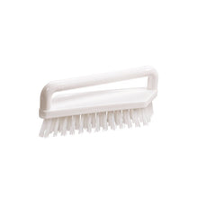 A Haug Bürsten KG SCRUB BRUSH, PBT, 180x48x22mm, hard, made of white plastic with stiff bristles and a horizontal handle, photographed on a solid white background.
