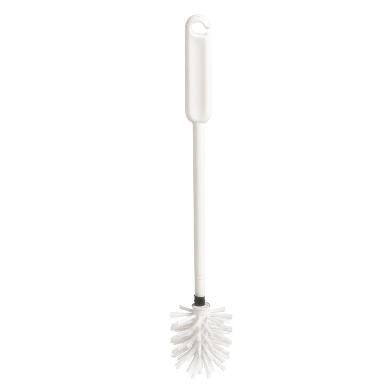 The URINAL BRUSH WITH FLEXIBLE BRUSH HEAD, ø 0.35MM from Haug Bürsten KG is a white plastic toilet brush with a long handle and flexible brush head for effective urinal cleaning, with circular bristle arrangement.
