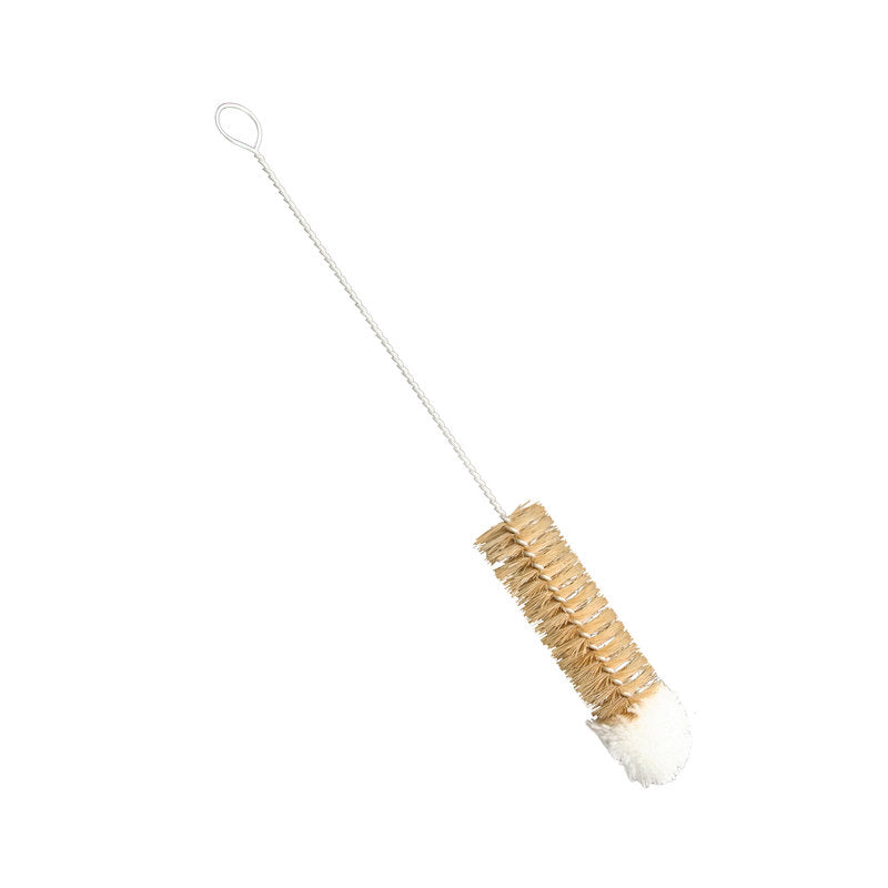 The WOOL DUSTER BRUSH, PURE BRISTLE/COTTON from Haug Bürsten KG has a twisted metal handle with a loop and bristles in light brown and white - perfect for wool care.