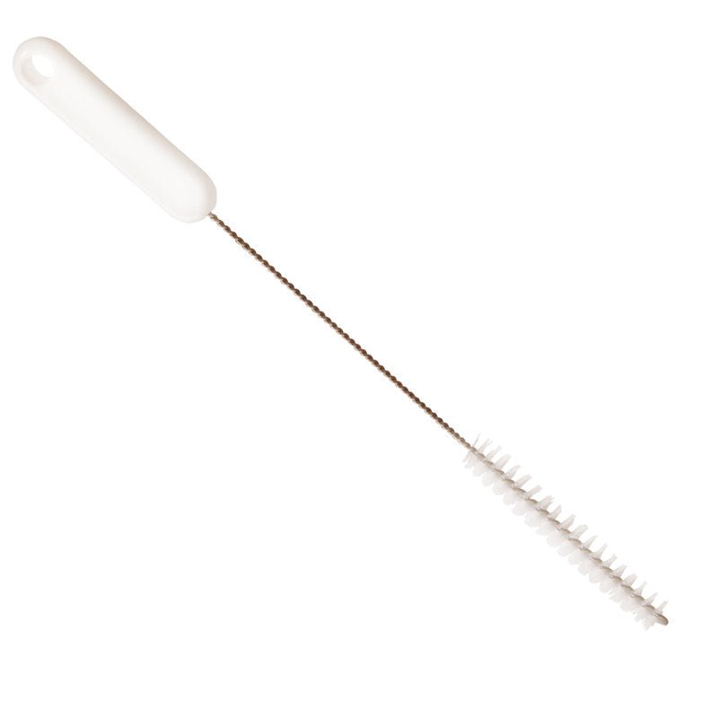 The Haug Bürsten KG PIPE BRUSH, PBT HARD, 305xø15x80mm has a white handle, a long metal stem, and stiff cylindrical bristles - ideal for cleaning narrow objects like bottles or pipe cleaning.