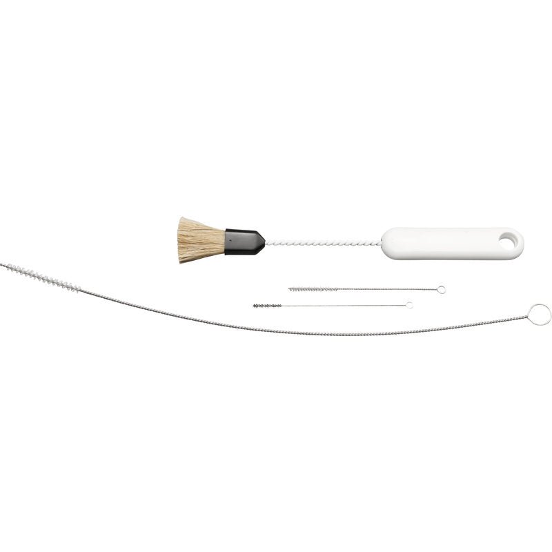 The ESPRESSO MACHINE CLEANING SET 4-PIECE from Haug Bürsten KG contains a natural bristle brush, a flexible wire brush, and two small wire brushes with loop handles - ideal for cleaning your espresso machine.