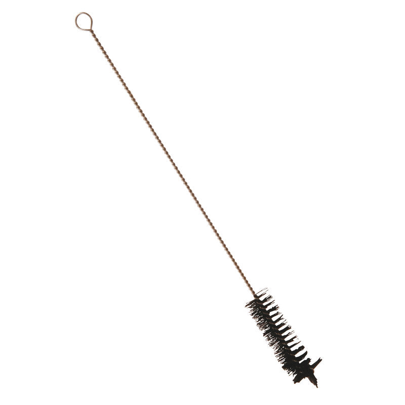 The Haug Bürsten KG PIPE BRUSH, PURE SOFT BRISTLE, 360xø25mm has soft black bristles in a cylindrical shape and a long handle with a loop, ideal for cleaning pipes, bottles, tubes, and other narrow containers.
