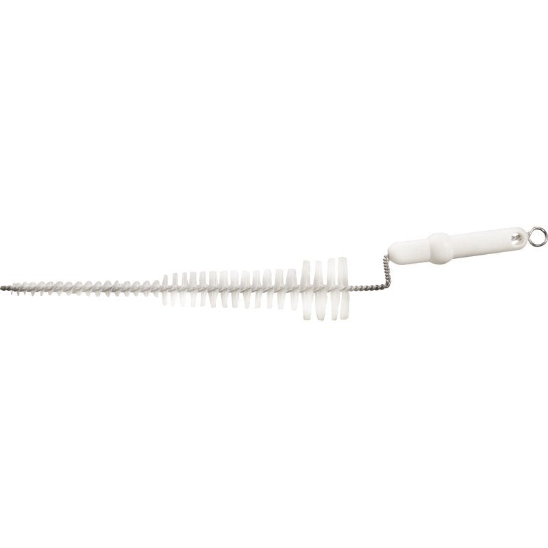 The Haug Bürsten KG teat brush with PBT bristles (ø 0.35 mm) and long, twisted stainless steel handle (500xø10-56M) is ideal for cleaning narrow containers or tubes in milk production.