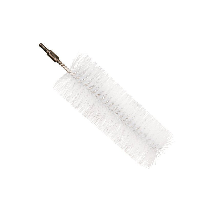 A Haug Bürsten KG PIPE BRUSH with soft, transparent PBT bristles (ø0.40mm), 200xø60mm, extendable and with a twisted metal handle, isolated on a white background.