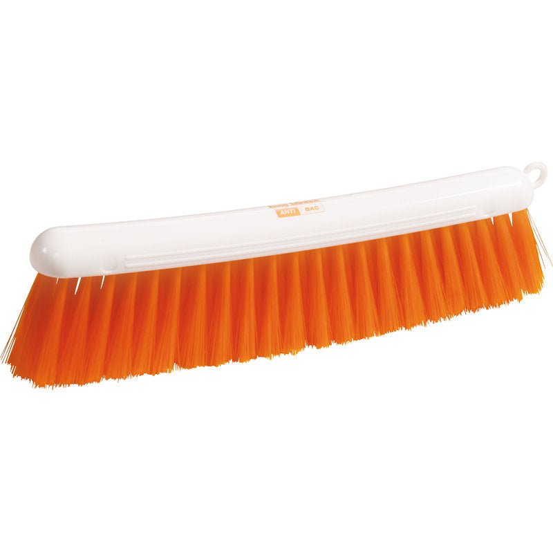 The ANTI BAC FLOUR BROOM from Haug Bürsten KG is a white plastic broom with densely packed, soft, orange PBT bristles (0.25 mm) and an antibacterial coating on a white base.