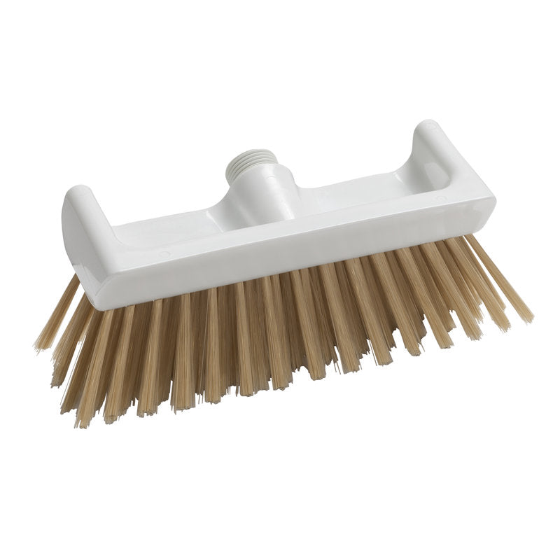 Der BACKOFENBESEN MIT SCHABEKANTE PEEK NATUR von Haug Bürsten KG ist ein 270x100x65mm großer, rechteckiger Bürstenkopf mit steifen, hellbraunen Borsten und einem weißen Kunststoffsockel mit Gewindeöffnung am Griff.