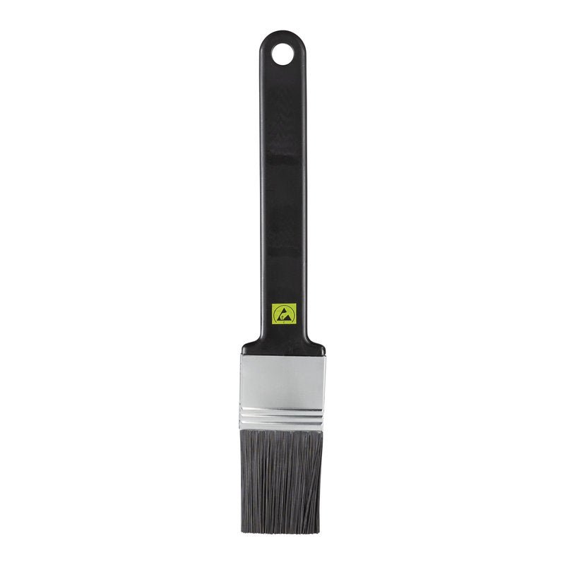 Flat, black handle Haug Bürsten KG ESD FLAT BRUSH NYL6.0 with soft synthetic bristles (ø0.30mm), metal ferrule and handle hole; ideal for gentle antistatic cleaning of sensitive electronics. Pictured on white.