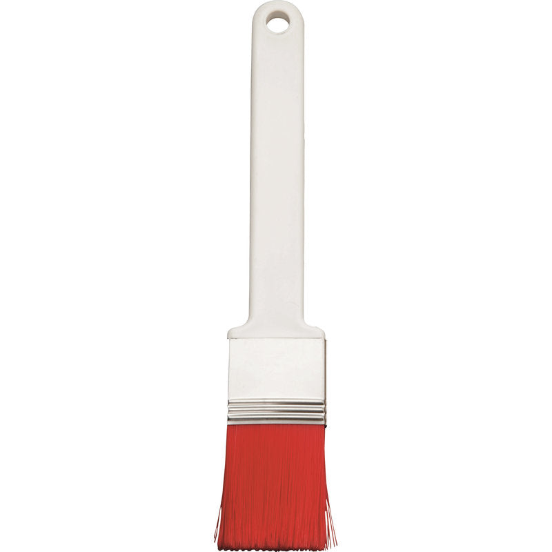 The FLAT BRUSH, PBT RED TIPPED, ø 0.25MM from Haug Bürsten KG features a white plastic handle, a metal ferrule, and red PBT bristles - perfect for fine painting work - on a plain white background.