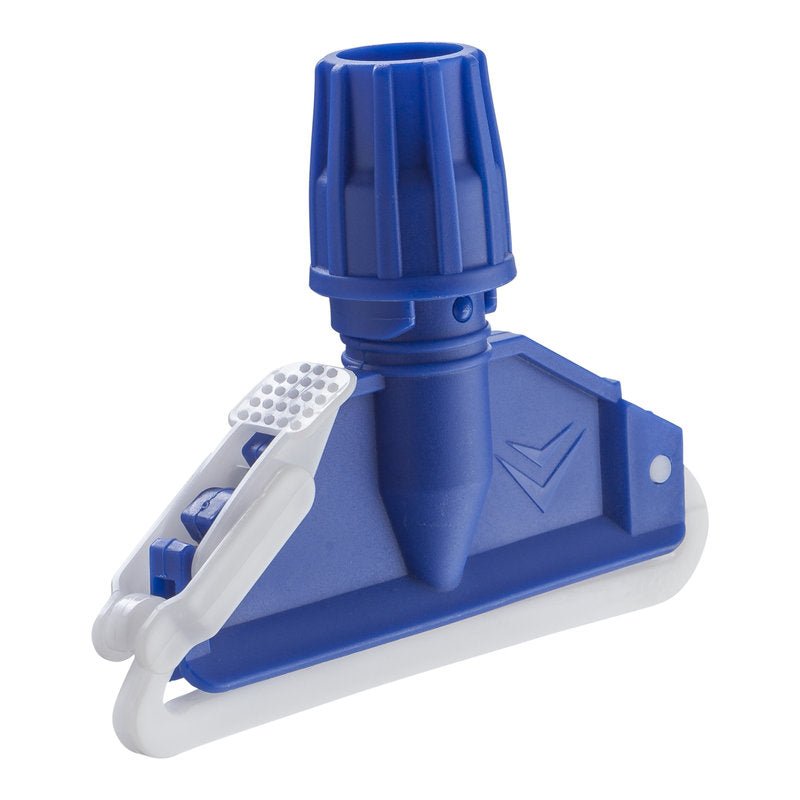 The Haug Bürsten KG KENTUCKY MOP HOLDER, PLASTIC 170X45MM (without handle) features a cylindrical connection, a lever mechanism, and an angled base - ideal for efficient floor cleaning. The blue/white design securely holds the mops.