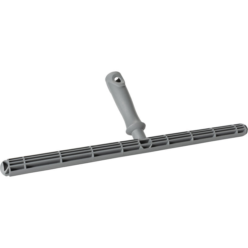 The Haug Bürsten KG T-SHAPED PART, PLASTIC, 450MM FOR WASHER COVERS is a gray plastic window squeegee handle with a grid structure and ergonomic grip, ideal for 450mm washer covers, pictured on a white background.