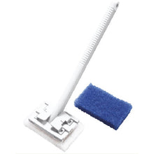 The LONG-HANDLE GRILL CLEANER PA GF,425X155X65MM,2PADS from Haug Bürsten KG features a white, long-handled body with a rectangular cleaning pad next to a blue scouring pad for effective grill cleaning on a white background.