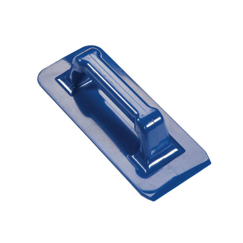 A blue HAND PAD HOLDER from Haug Bürsten KG made of polypropylene with a rectangular base (240x95x70mm), central handle, and scraping edge, shown without pads on a white background.
