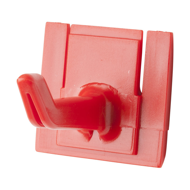 The REPLACEMENT HANDLE HOLDER HOOK 42x32x31mm from Haug Bürsten KG fits Art.8699 and features a square red plastic base with an angled hook for easy attachment and hanging of lightweight items.