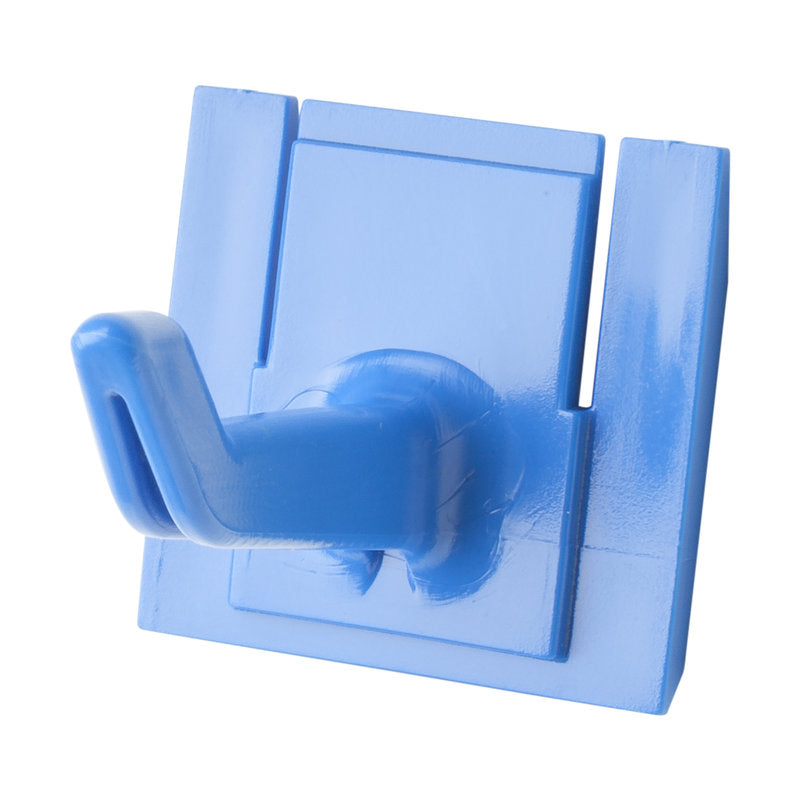The Haug Bürsten KG REPLACEMENT HANDLE HOLDER HOOK 42X32X31MM, suitable for ART.8699, is a blue plastic wall hook with a smooth, glossy surface and a single curved hook, ideal for tool mounting or as a replacement holder.