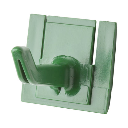 The Haug Bürsten KG REPLACEMENT HANDLE HOLDER HOOK 42x32x31mm, for Art.8699, is a green plastic wall hook with a rectangular base and a single angled hook, ideal for hanging tools or small items.