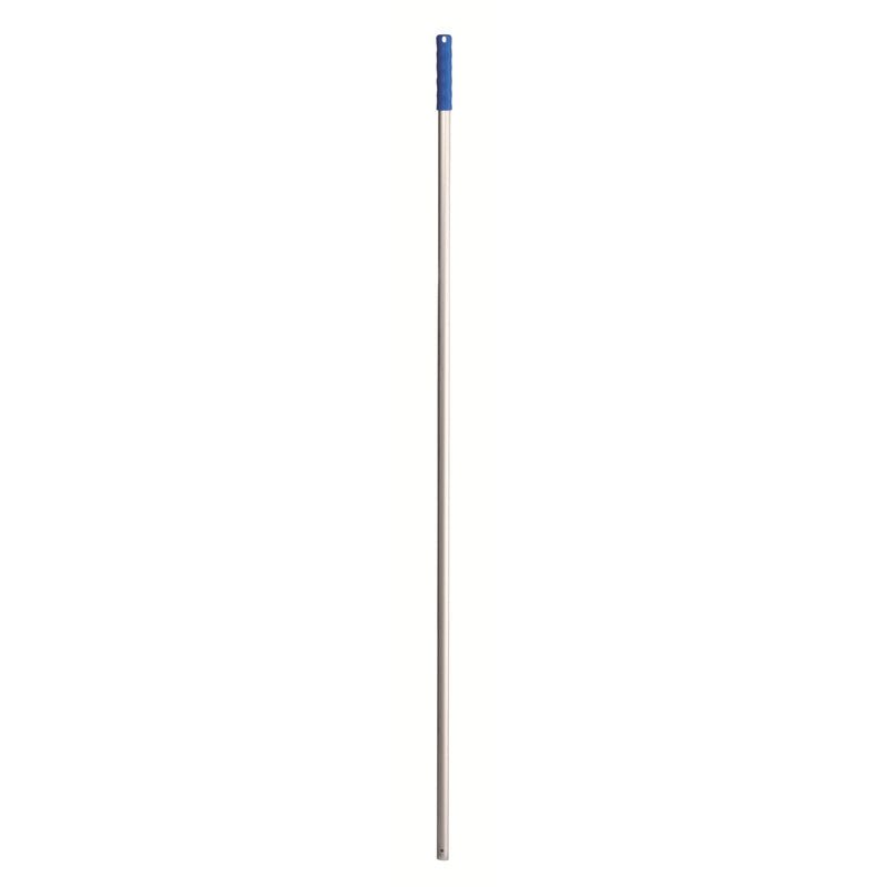 The Haug Bürsten KG ALUSTIEL, BLUE 1450MM, OUTER ø 22MM is a straight aluminum handle with a blue plastic grip and metal shaft, depicted on a plain white background.