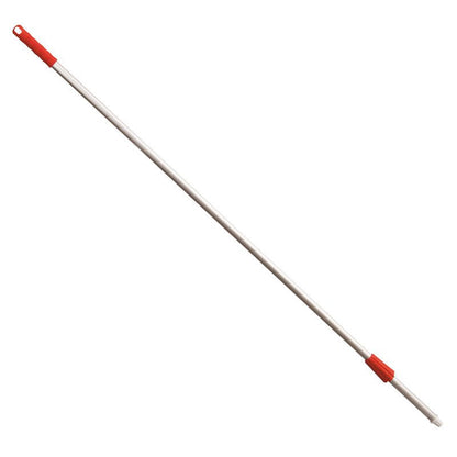 The Haug Bürsten KG ALUSTIEL is a 1400 mm long aluminum handle (Ø22 mm, 1 mm wall thickness) with a red plastic handle, hanging hole, and threaded connection for cleaning tool heads.