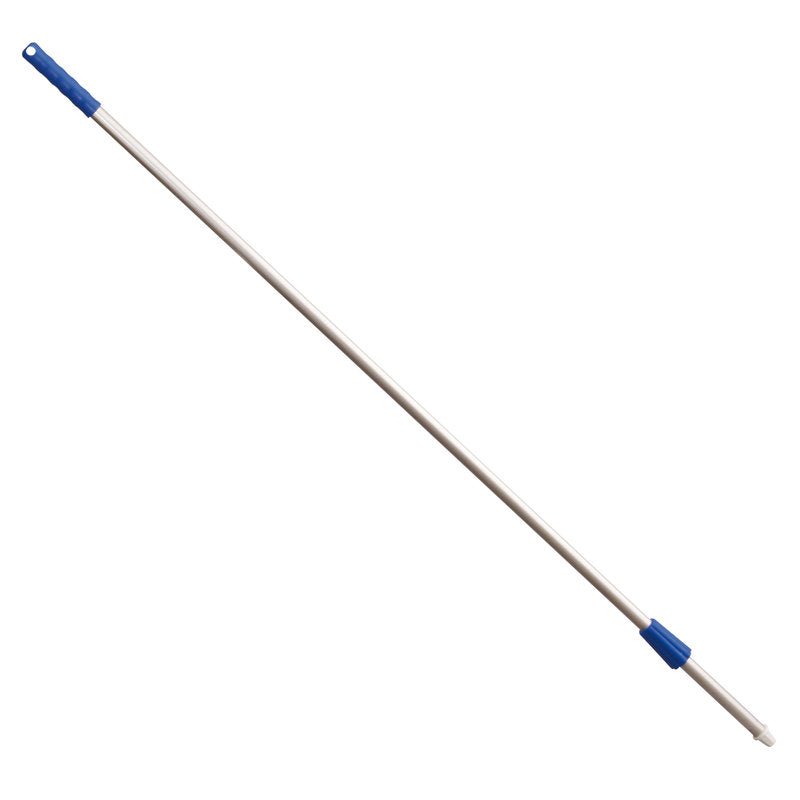 The Haug Bürsten KG ALUSTIEL is a 1400 mm long, lightweight aluminum telescopic rod (Ø22 mm, wall thickness 1 mm) with a blue plastic handle and a connector, ideal for cleaning tools.