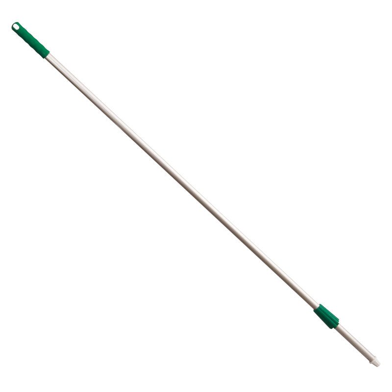 A 1400 mm long aluminum mop handle from Haug Bürsten KG ALUSTIEL (Ø22 mm, 1 mm wall thickness), with a green plastic handle and a connector at one end, depicted on a white background.