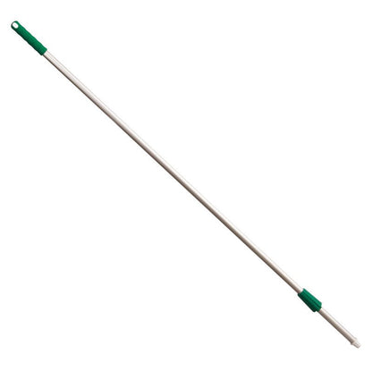 A 1400 mm long aluminum mop handle from Haug Bürsten KG ALUSTIEL (Ø22 mm, 1 mm wall thickness), with a green plastic handle and a connector at one end, depicted on a white background.