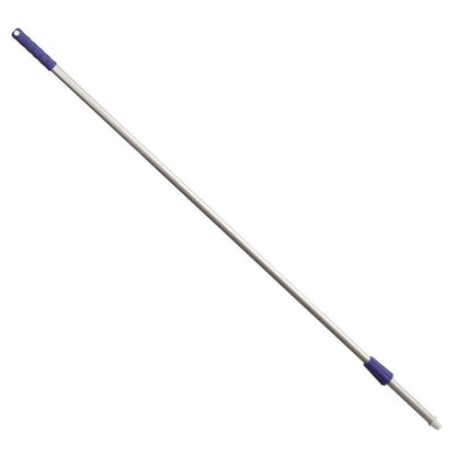 The Haug Bürsten KG ALUSTIEL is a 1400 mm long mop handle made of aluminum (Ø22 mm, 1 mm wall thickness) with a blue plastic handle and connector on a white background.
