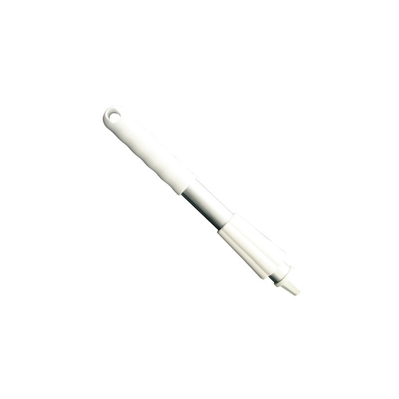 The white plastic toothbrush with a removable handle is equipped with a 300 mm long KURZ-ALUSTIEL CAP AND LOCK NUT from Haug Bürsten KG to increase durability.