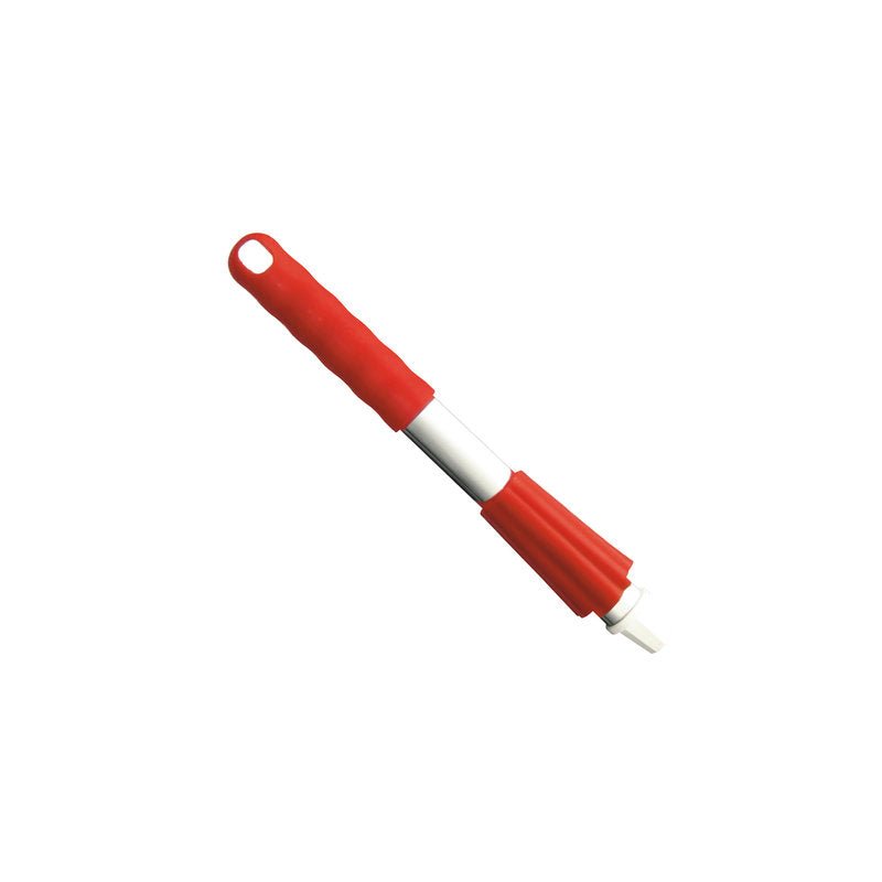 A small KURZ-ALUSTIEL (300MM) brush from Haug Bürsten KG with a red handle, white middle, red bristles on one end and a hanging hole on the other. The background is plain white.