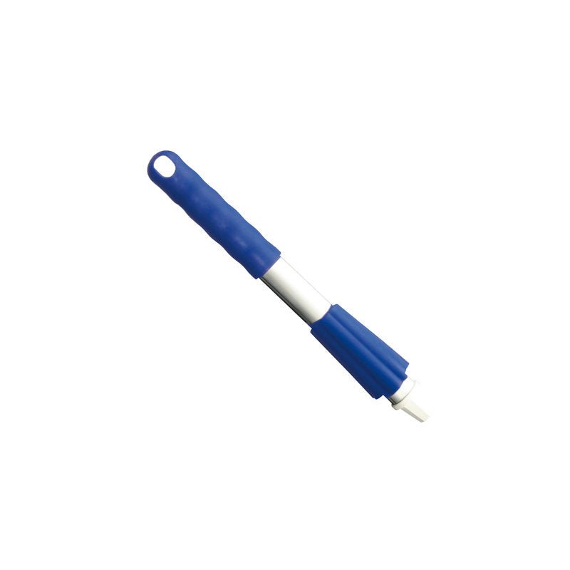 A close-up of the Haug Bürsten KG KURZ-ALUSTIEL, 300MM, CAP AND LOCK NUT cleaning brush with a blue handle and white bristles. The handle is equipped with a hole for hanging, all against a plain white background.