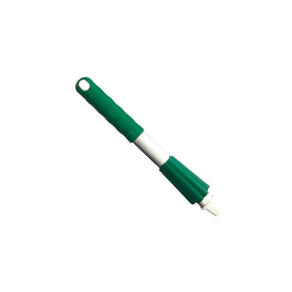 The Haug Bürsten KG KURZ-ALUSTIEL, 300MM, CAP AND LOCK NUT features a green-white cleaning brush with short, stiff bristles, a handle hole for hanging, and a robust 300mm long aluminum handle for scrubbing or reaching tight spots.