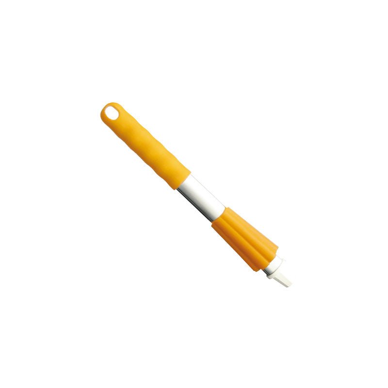 The KURZ-ALUSTIEL 300mm cleaning brush from Haug Bürsten KG has a yellow handle with a ribbed surface, a white bristle head, and a cap and lock nut for secure mounting. Durable aluminum construction and a hole for hanging.
