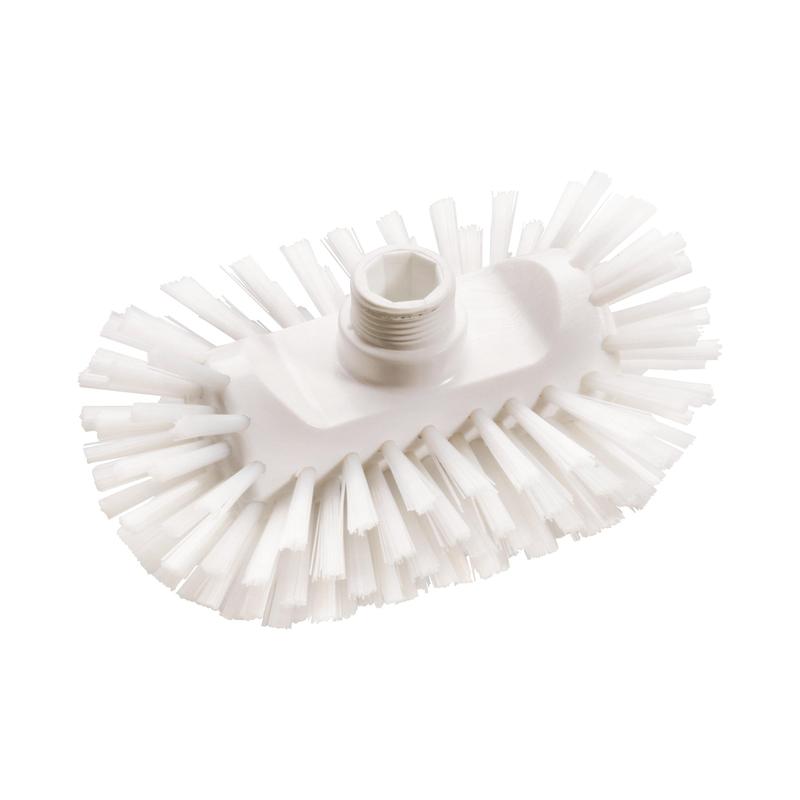 A white, oval Haug Bürsten KG kettle brush PBT Hard (200x125x105 mm) with stiff edge bristles and a central threaded opening for handle attachment, pictured on white; hygienic cleaning brush, HACCP compliant.