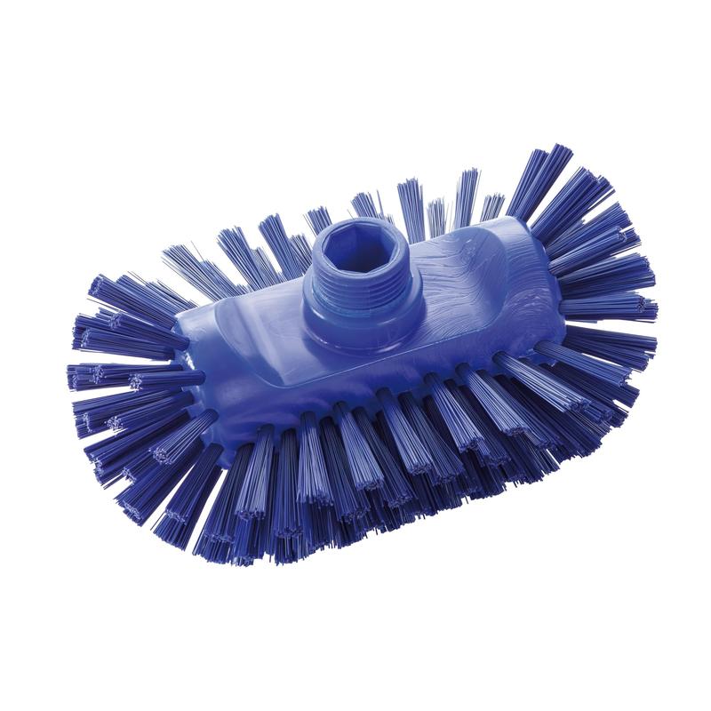 The Haug Bürsten KG kettle brush PBT Hard 200x125x105 mm, shown in blue, has stiff side bristles and a central threaded hole for handle attachment. HACCP-suitable hygienic cleaning brush. Pictured on a white background.