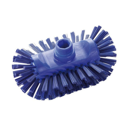 The Haug Bürsten KG kettle brush PBT Hard 200x125x105 mm, shown in blue, has stiff side bristles and a central threaded hole for handle attachment. HACCP-suitable hygienic cleaning brush. Pictured on a white background.