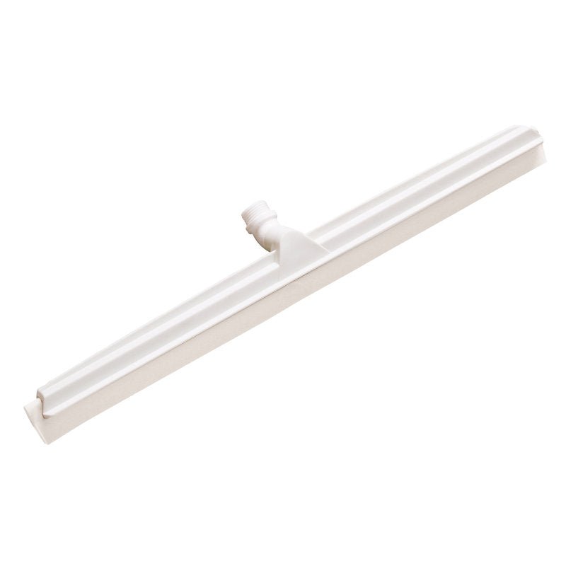 The Haug Bürsten KG JOINT WATER SQUEEGEE, 2-LIPPED FOOD GRADE (620x53x25mm) is a white, food-safe floor squeegee with a long, straight, double-lipped rubber blade and a central handle attachment, depicted on a plain white background.