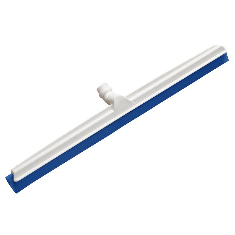 The JOINT WATER SQUEEGEE, 2-LIPPED FOOD GRADE, 620x53x25mm from Haug Bürsten KG is a white, food-safe floor squeegee with a blue double rubber blade and central handle mount, depicted on a plain white background.